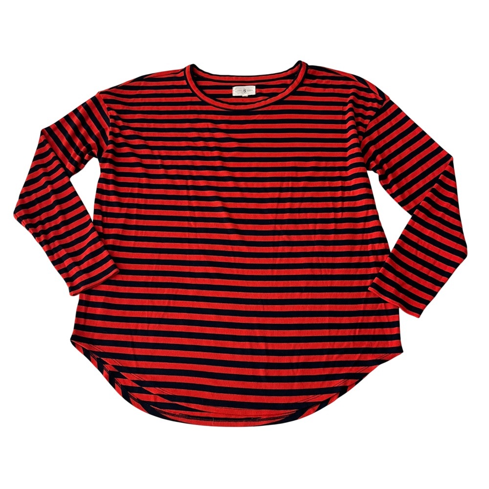 Lou & Gray Red‎ and Navy Ribbed Striped Casual Pull On Top